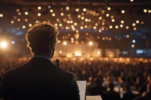 A man in a suit is standing in front of a crowd photo