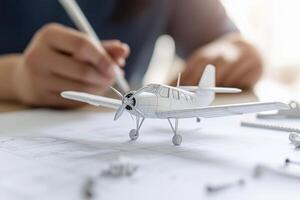 A person is drawing a model airplane on a table photo