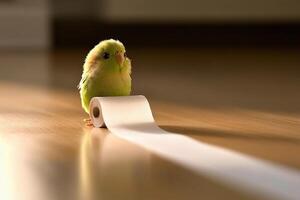 A bird sitting on top of a roll of toilet paper photo