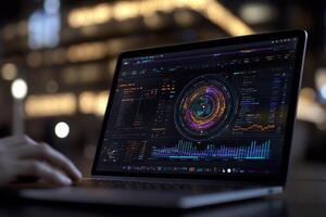 A person is using a laptop with a graph on it photo