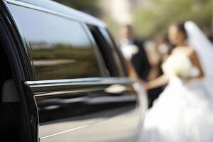 A bride and groom are getting into a limo photo