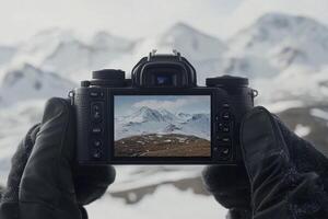 A person holding up a camera with a snowy mountain in the background photo