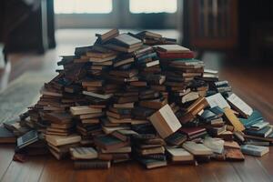 A pile of books on the floor in front of a window photo