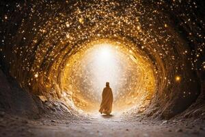 A man in a robe standing in front of a tunnel with light coming out of it photo