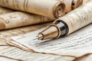 Old documents and pen on a table photo