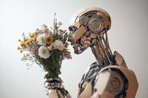 A robot holding flowers in its hand photo
