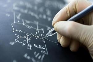 A person writing on a blackboard with a pen photo