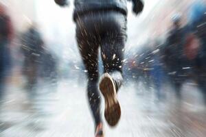 A person running in the rain with a blurred background photo