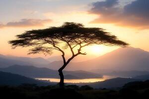 A lone acacia tree stands in the foreground of a sunset photo