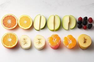 A white surface with fruit slices arranged in a row photo