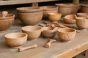 A table with many different wooden bowls and spoons photo