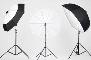 Three umbrellas are set up on a tripod photo