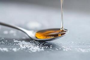 A spoon with sugar and syrup on it photo