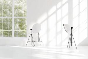Three white lights and a tripod in an empty room photo