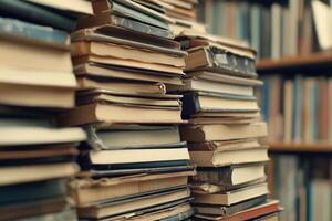 A stack of books in a library photo
