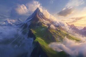 A mountain range with clouds and sun shining photo