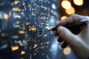 A hand writing on a blackboard with formulas and formulas photo