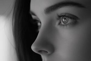 A black and white photo of a woman's face