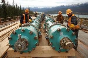 Workers are working on a large pipe with a mountain in the background photo