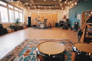 A room with drums, guitars and other instruments photo