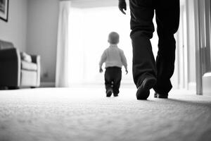 A man and a child walking down a hallway photo