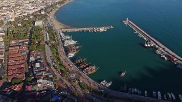 Aerial view of Mediterranean harbor with lighthouse and yachts. Port of Alanya video