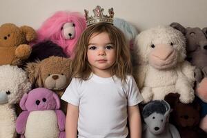 A little girl wearing a crown standing in front of a pile of stuffed animals photo