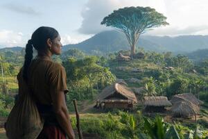 A woman stands in front of a village with a tree in the background photo