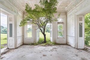 A tree growing in an abandoned room photo