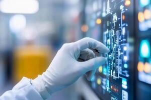 A person in a lab coat is touching a computer screen photo