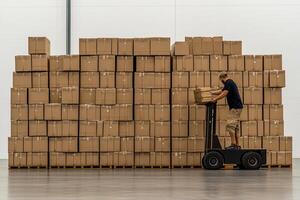 A man is standing on a forklift in front of a large pile of boxes photo