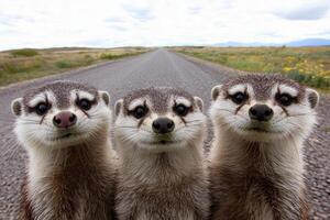Three meerkats stand on the side of a road photo