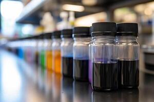 A row of test tubes with different colored liquids photo
