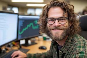 A man with glasses and a beard is smiling in front of two computer monitors photo