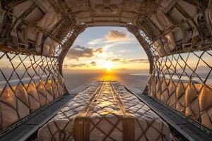 The sun sets over the ocean from inside an airplane photo