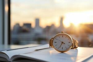 A watch and a book on a table with cityscape in the background photo