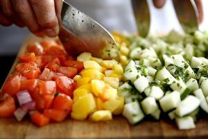 A person cutting up a bunch of different vegetables photo
