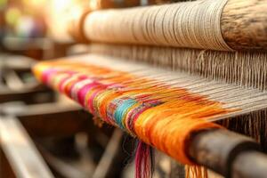 A close up of a loom with colorful threads photo