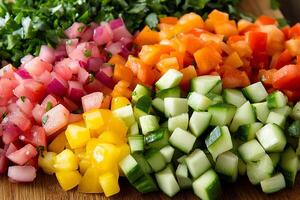 A cutting board with chopped vegetables on it photo