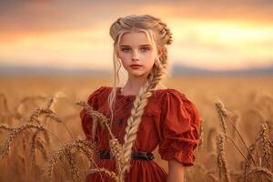 A beautiful young girl in a red dress stands in a field of wheat photo