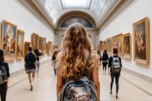 A woman with a backpack walking through an art museum photo