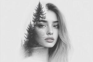 A woman with long hair and a forest in the background photo