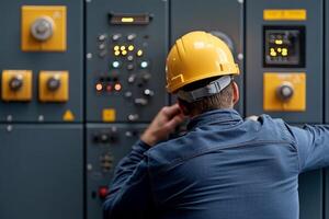 A man in a hard hat is working on a control panel photo