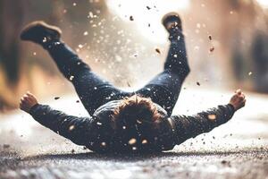 A person falling on the ground with their hands up photo