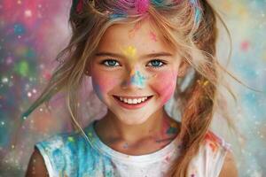 A young girl with colorful paint on her face photo