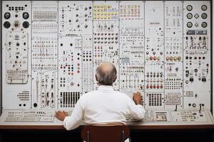 A man sitting at a desk in front of a large electronic control panel photo