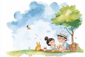 A watercolor illustration of a family sitting under a tree photo
