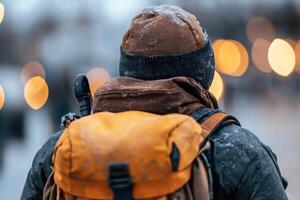 A man with a backpack and hat walking in the snow photo