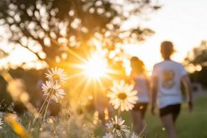 A group of people walking through a field with the sun shining photo