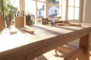 A wooden desk with a pencil and a bottle of water photo